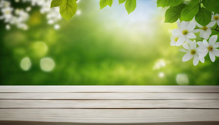 Beautiful spring background with green and empty wooden table, Natural template, space for textの素材