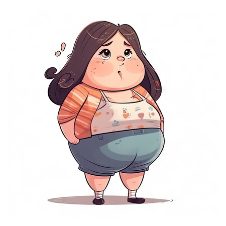 cartoon of fat girl on white backgroundの素材