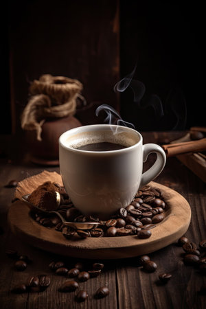 hot coffee with coffee beans on wood tableの素材