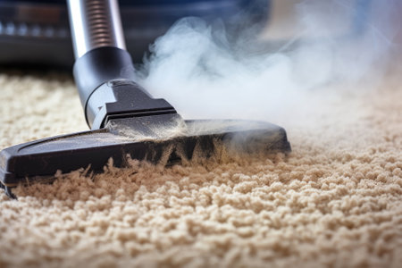 Cleaning service concept, steam cleaner removes dirt from carpet in closeup plainの素材