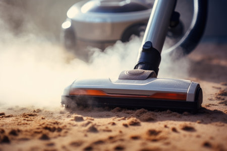 Cleaning service concept, steam cleaner removes dirt from carpet in closeup plainの素材