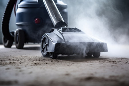 Cleaning service concept, steam cleaner removes dirt from carpet in closeup plainの素材