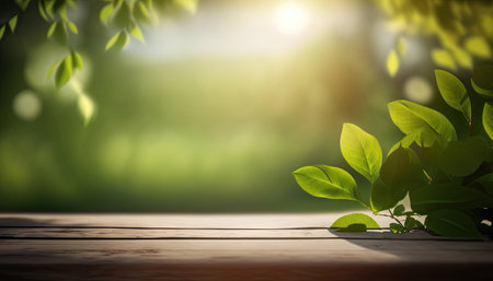 Beautiful spring background with green and empty wooden table, Natural template, space for textの素材