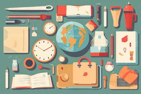 school items and elements learning study, flat design, Back to school conceptの素材