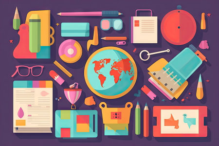 school items and elements learning study, flat design, Back to school conceptの素材
