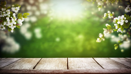 Beautiful spring background with green and empty wooden table, Natural template, space for textの素材