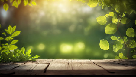 Beautiful spring background with green and empty wooden table, Natural template, space for textの素材