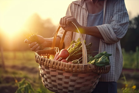 farmer holds a basket vegetables with farm backgroundの素材