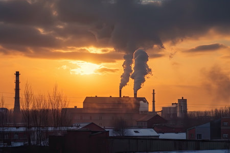 factory with smoke coming out of the chimneys with sunset backgroundの素材