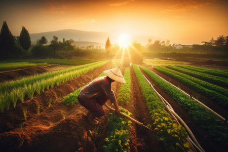 farmer fertilize vegetables on ground with farm backgroundの素材