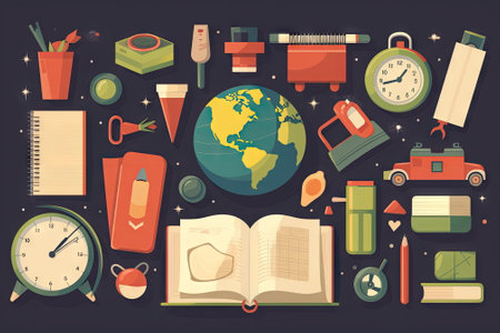school items and elements learning study, flat design, Back to school conceptの素材