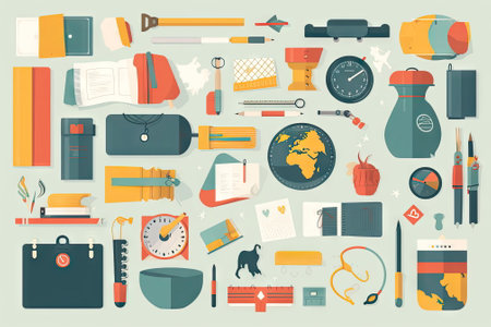 school items and elements learning study, flat design, Back to school conceptの素材