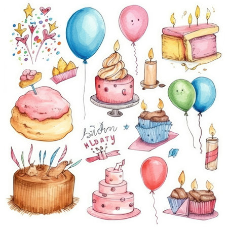 collection of hand drawing birthday, white backgroundの素材