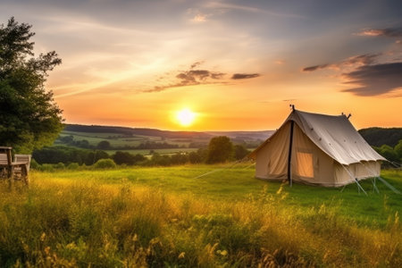 luxury camping in the beautiful countryside with sunset background, nice landscapeの素材