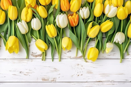 tulips flower with copy space on vintage wooden backgroundの素材