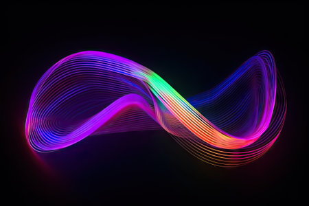abstract background, colorful neon wavy ribbons, glowing in ultraviolet spectrum lightの素材