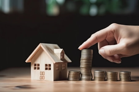 model house mortgage financial concept, Hand putting money coin stack with wooden houseの素材