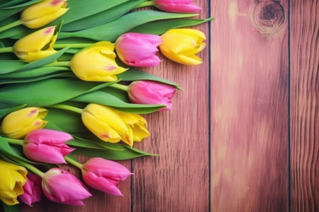 tulips flower with copy space on vintage wooden backgroundの素材