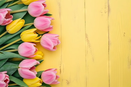 tulips flower with copy space on vintage wooden backgroundの素材