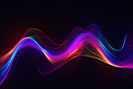 abstract background, colorful neon wavy ribbons, glowing in ultraviolet spectrum lightの素材