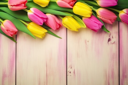 tulips flower with copy space on vintage wooden backgroundの素材