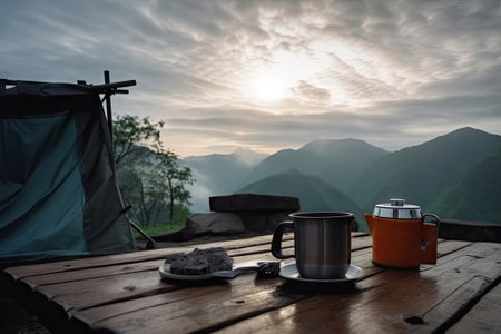 Hot coffee cup on table, camping timeの素材