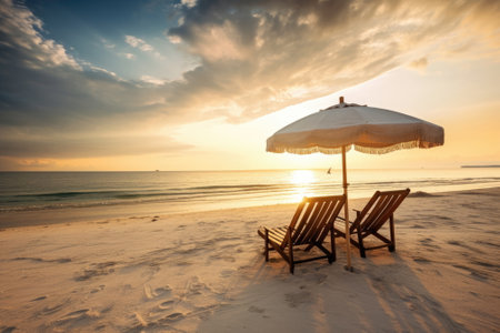 Beautiful beach with white sand, chairs and umbrella, beautiful beach landscapeの素材