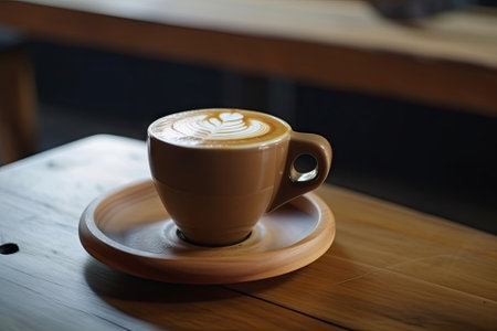 hot latte art coffee on wood table, relax time, Made by AI,Artificial intelligenceの素材