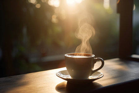 Hot coffee cup on table, camping timeの素材