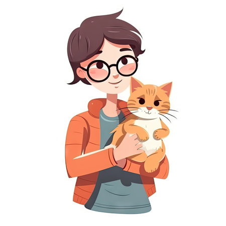 Cartoon character of person holding cat on white backgroundの素材
