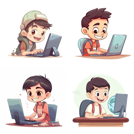 Cartoon character of kid use computer to study internet, white backgroundの素材