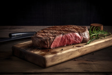 Beef steak on a wooden chopping boardの素材