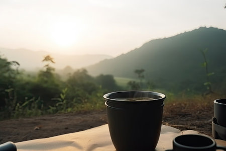 Hot coffee cup on table, camping timeの素材