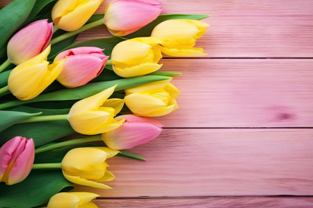 tulips flower with copy space on vintage wooden backgroundの素材