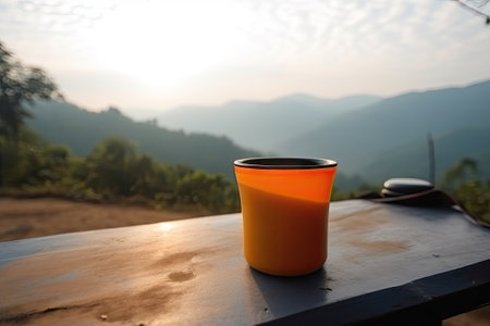 Hot coffee cup on table, camping timeの素材