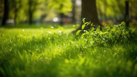 green garden grass in spring, springtime in the background and tree leavesの素材