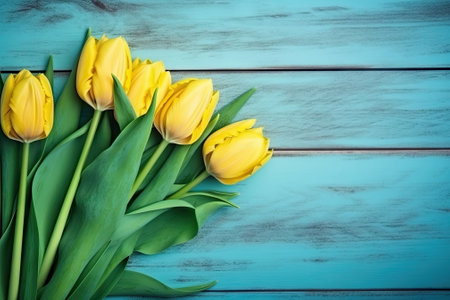 tulips flower with copy space on vintage wooden backgroundの素材