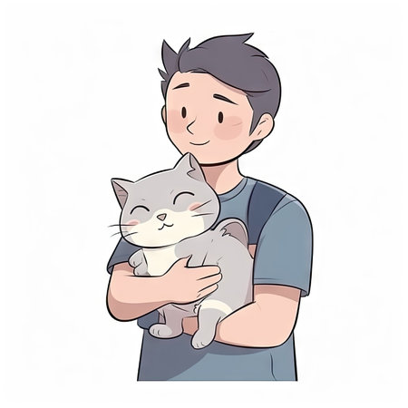 Cartoon character of person holding cat on white backgroundの素材