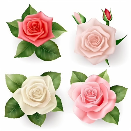Set of rose with leaves on white backgroundの素材