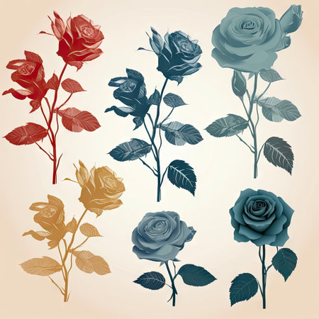 Set of rose with leaves, Flower silhoutte on white backgroundの素材