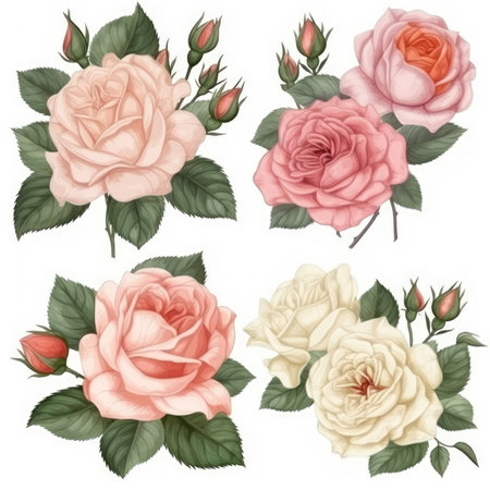 Set of rose with leaves on white backgroundの素材