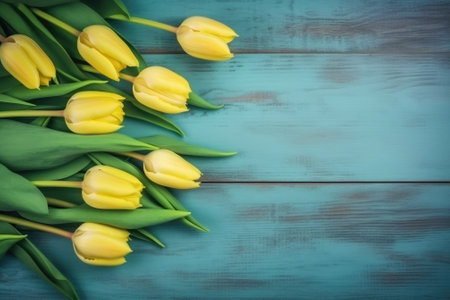 tulips flower with copy space on vintage wooden backgroundの素材