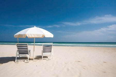 Beautiful beach with white sand, chairs and umbrella, beautiful beach landscapeの素材