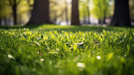 green garden grass in spring, springtime in the background and tree leavesの素材
