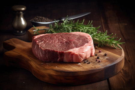 Beef steak on a wooden chopping boardの素材