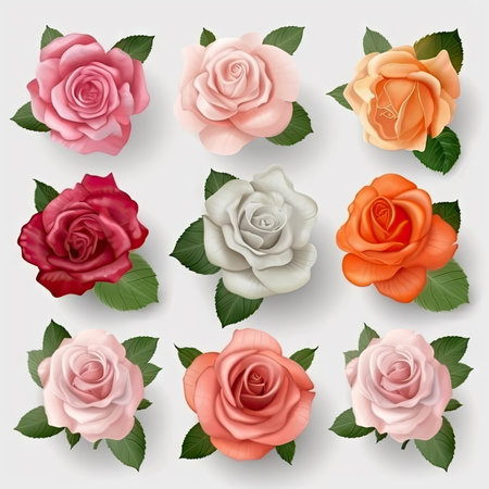 Set of rose with leaves on white backgroundの素材
