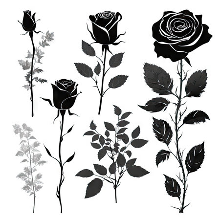 Set of rose with leaves, Flower silhoutte on white backgroundの素材
