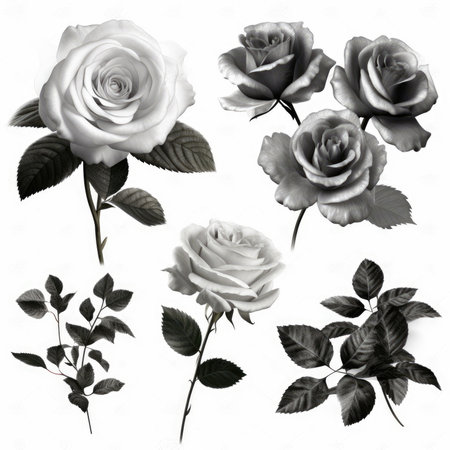 Set of rose with leaves, Flower silhoutte on white backgroundの素材