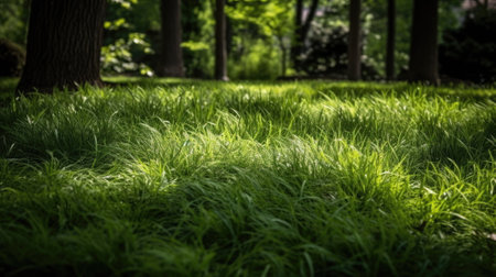 green garden grass in spring, springtime in the background and tree leavesの素材
