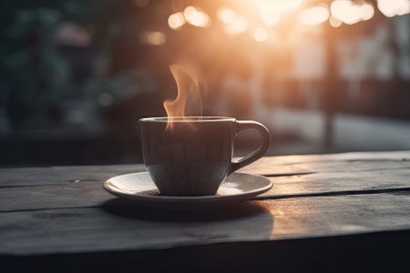 Hot coffee cup on table, camping timeの素材
